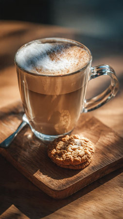 Cup of cappuccino with cookies on a wooden tableの写真素材