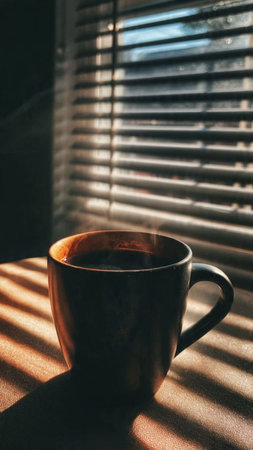 Cup of coffee on the windowsill in the morning sunlight.の写真素材