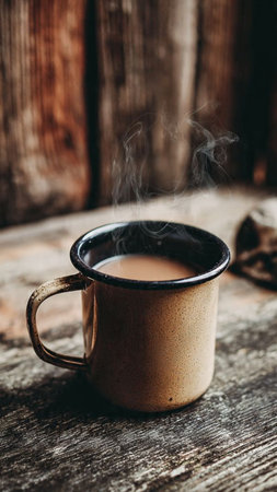 Cup of hot coffee with steam on wooden background. Vintage style.の写真素材