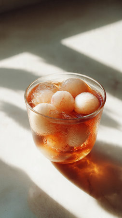 Ice cubes in a glass on a white background.の写真素材