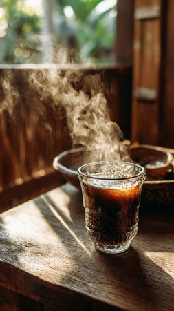 Coffee in a glass on a wooden table in a cafeの写真素材