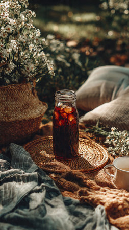 A glass of black tea with ice cubes in a wicker basket on the background of a plaid.の写真素材