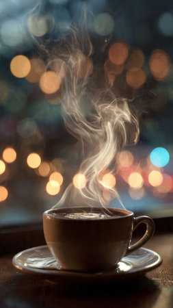 Cup of coffee with beautiful bokeh background, close upの写真素材