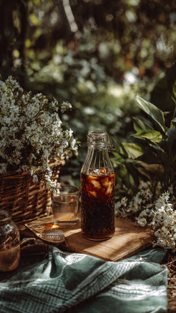 A glass of iced tea with ice cubes in a rustic setting.の写真素材