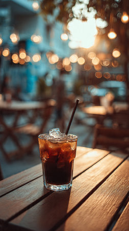 Iced coffee in a glass on a wooden table in a cafe