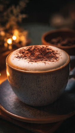 Cappuccino with cocoa powder on a wooden tray on the background of a Christmas garland.
