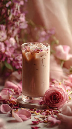 Iced coffee in a tall glass with rose petals and pink flowers