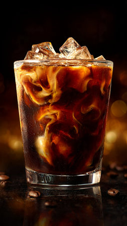 Cola with ice cubes and coffee beans on a dark background, close up