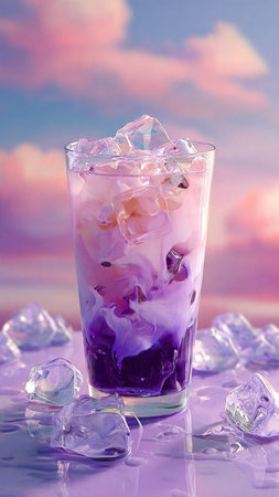 A glass of ice cold drink with purple and pink flowers on the background