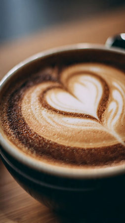 Cup of coffee with heart shape latte art on wooden table