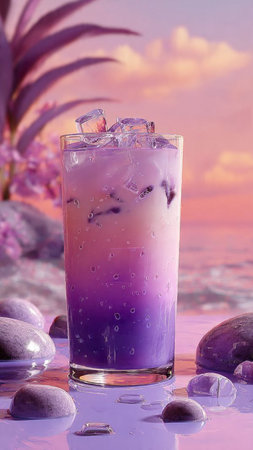 Purple cocktail with ice cubes and purple lilac flowers on the background
