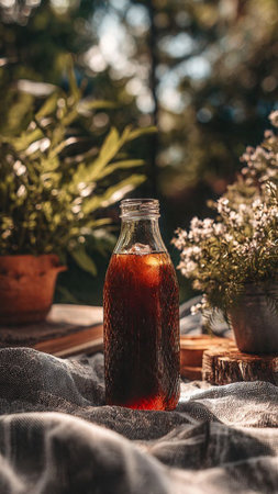 A glass bottle of cola on a table in the gardenの写真素材