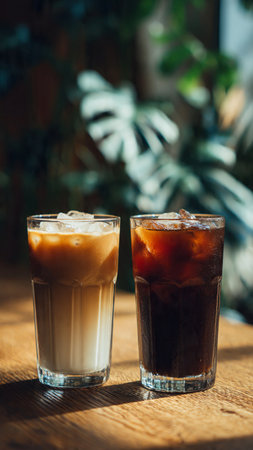 Iced coffee with milk in glass on wooden table and green plant backgroundの写真素材