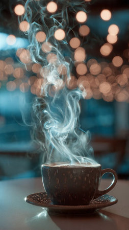 Cup of coffee with bokeh lights on the background.の写真素材