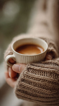 Female hands holding a cup of hot coffee in knitted sweater.の写真素材