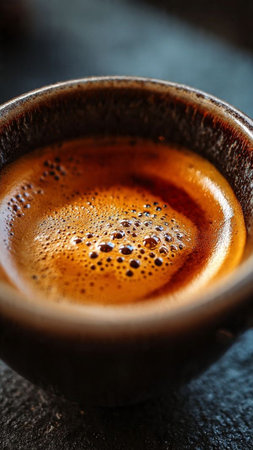 Cup of coffee on dark background, close-up, selective focus