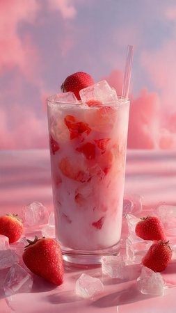 Strawberry milkshake with ice cubes on pink background.