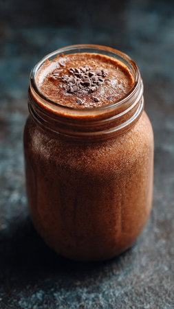 Chocolate smoothie in a glass jar on a dark background.の写真素材