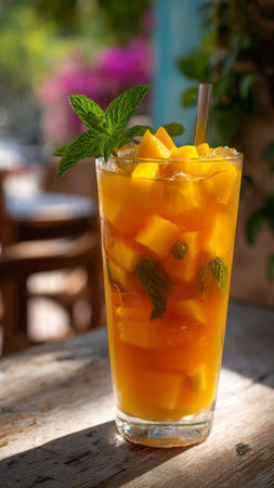 Mango lemonade with mint and ice in a glass on a wooden tableの写真素材