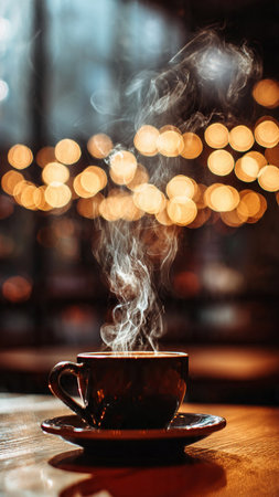 Cup of coffee on the table in a cafe with bokehの写真素材