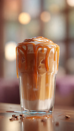 Iced caramel coffee in a tall glass on a wooden table.の写真素材