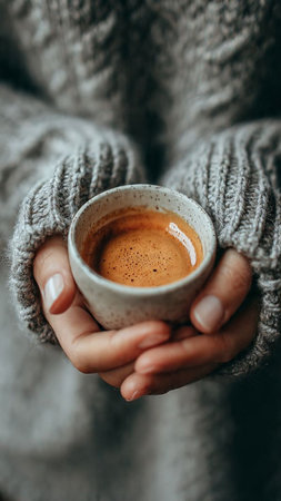 Female hands in warm sweater holding a cup of coffee. Close up