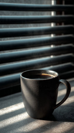 Coffee cup in morning light with blinds on the windowの写真素材