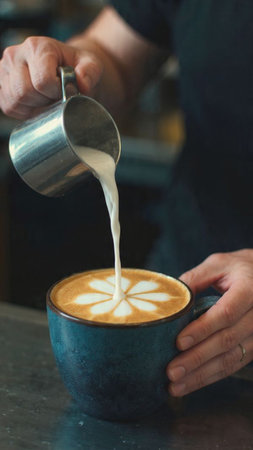 Barista pouring milk into a cup of latte art coffee.の写真素材