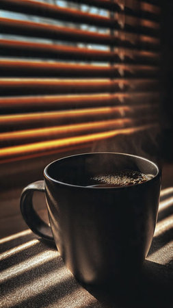 Cup of coffee on the window sill with rays of sunlight.