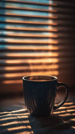 Cup of coffee on the window in the rays of the morning sun