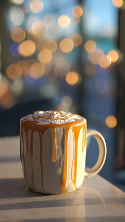 Coffee cup with caramel on table in coffee shop background.の写真素材