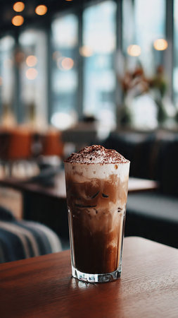 Iced coffee with whipped cream in a glass on the table.の写真素材