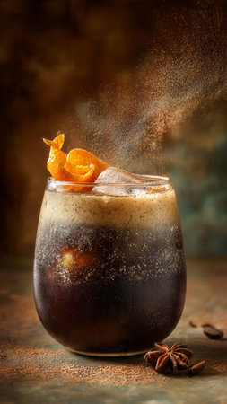 Cuba libre cocktail with orange peel and ice on dark background