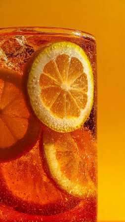 Cocktail with lemon and ice on yellow background, close up