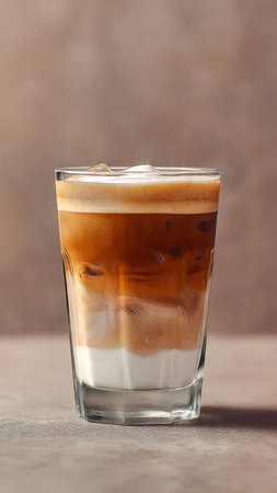 Iced coffee in a glass with ice cubes on a brown background