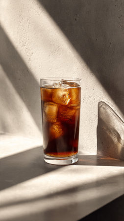 Glass of cola with ice cubes on table in sunlight, closeup