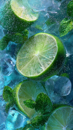 Mojito cocktail with lime, mint and ice on blue background