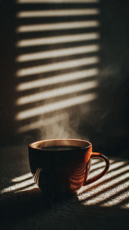 Cup of coffee on the table in the morning light with shadow from the window.