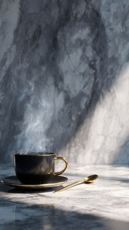Coffee cup and saucer on white marble table with shadowの写真素材