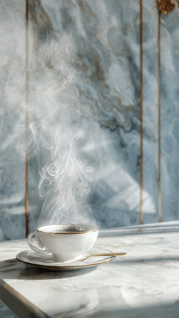 Cup of coffee on a marble table in the interior of the roomの写真素材