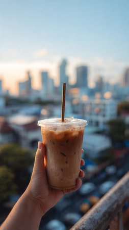 Iced coffee in hand on the balcony with cityscape background.の写真素材