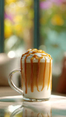 Cappuccino with caramel sauce in a glass cup on the tableの写真素材