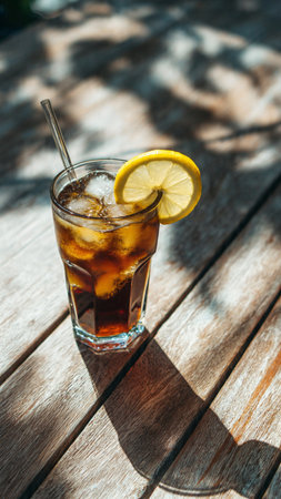 Glass of cola with ice cubes and lemon slice on wooden table