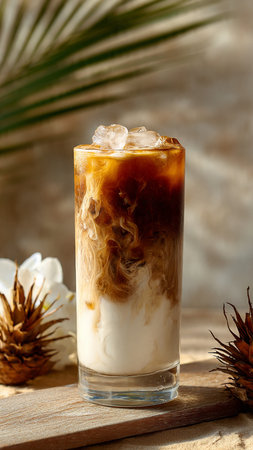 Iced coffee with milk in a tall glass on a wooden table
