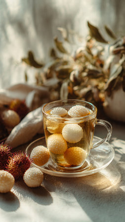 Cup of tea with sweet rambutan candies on white backgroundの写真素材