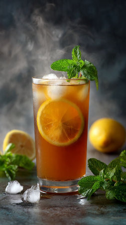 Glass of iced tea with lemon and mint on a dark backgroundの写真素材
