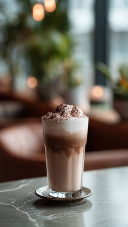 hot chocolate with whipped cream in a tall glass on a marble tableの写真素材