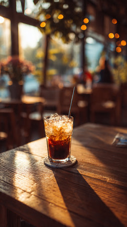 Glass of cola with ice cubes on a wooden table in a cafeの写真素材