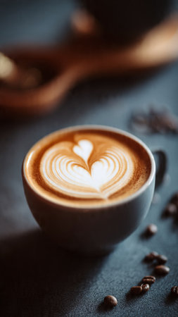 cup of latte art coffee with heart shape on dark background.の写真素材