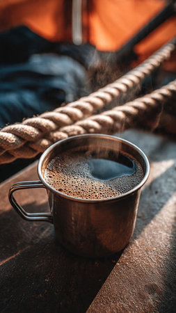 Coffee in a metal mug on the background of the ropeの写真素材